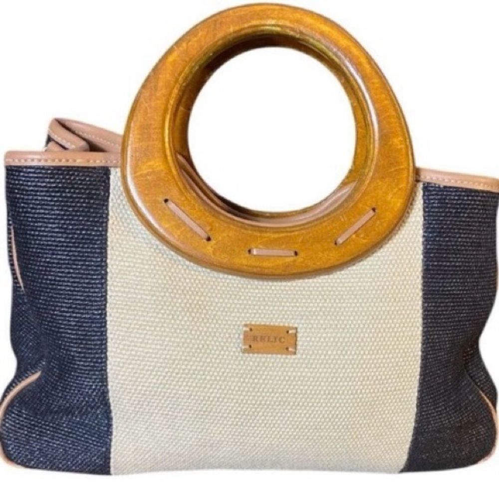 Relic Black Tan Leather Canvas Boho Chic Wooden Handle Snap Closure Purse